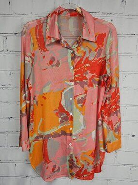Sheer Multicolor Abstract Print Button-Up Blouse Shirt Womens M Disco 70s Retro